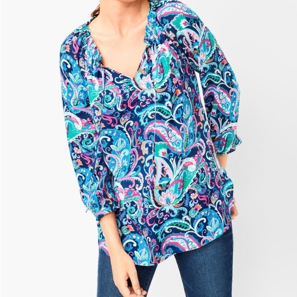 [L]Talbots Vibrant Paisley Tie-Neck Popover Blouse